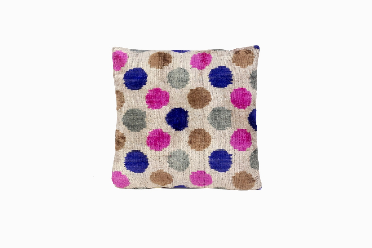 blue, pink, brown polka dot patterned ikat silk velvet cushion