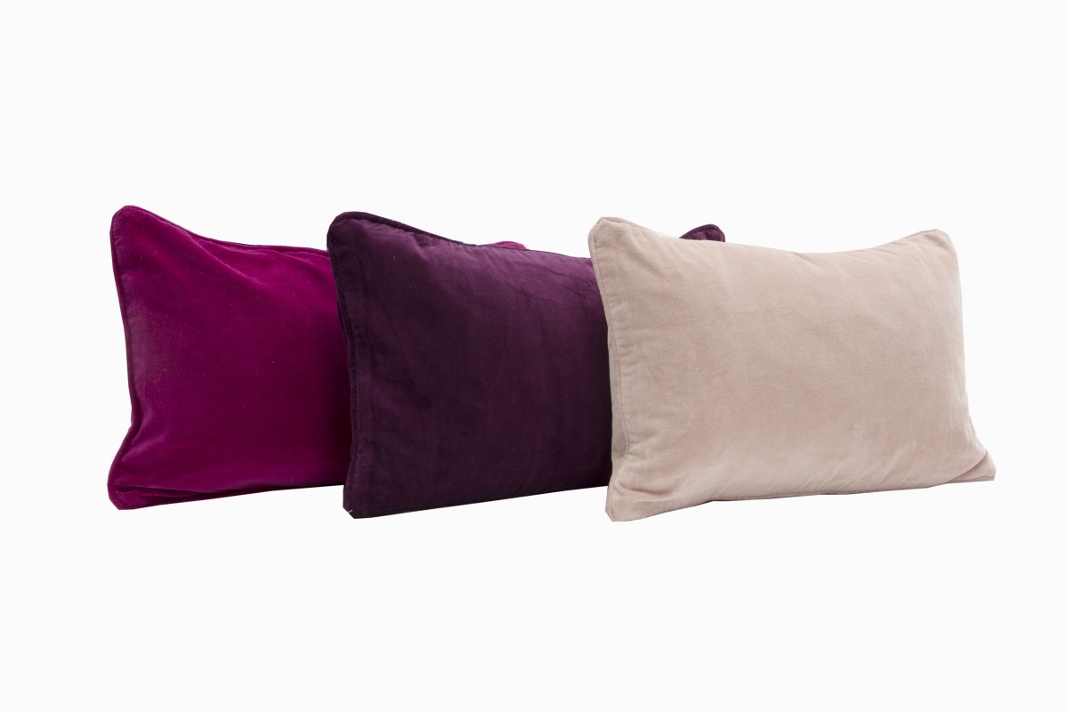 Velvet rectangular cushions, fuschia, aubergine and dusty pink
