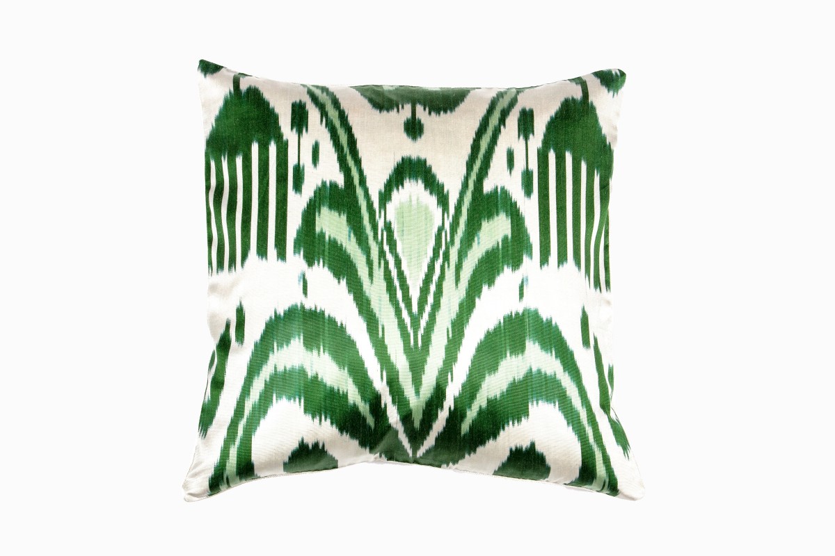 vibrant green & cream cushion made from uzbeki ikat woven silk