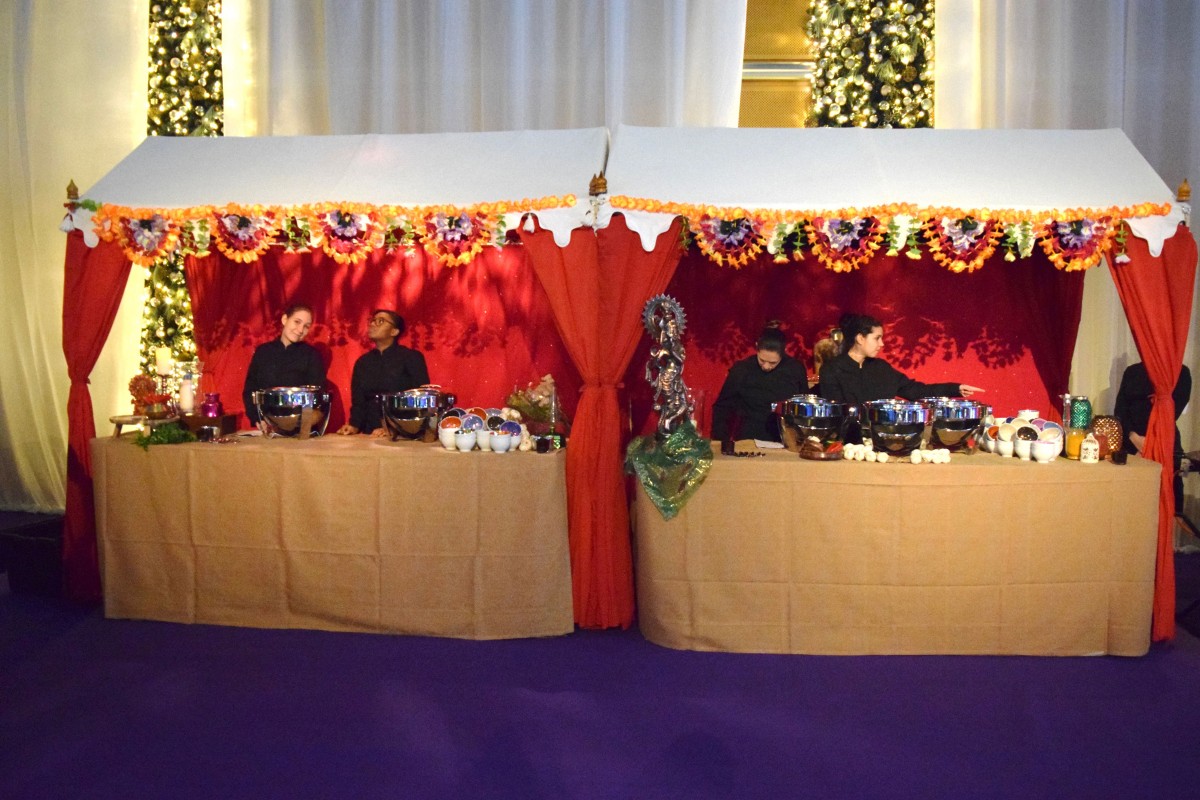Single walkway units used as food stations at a Bollywood party