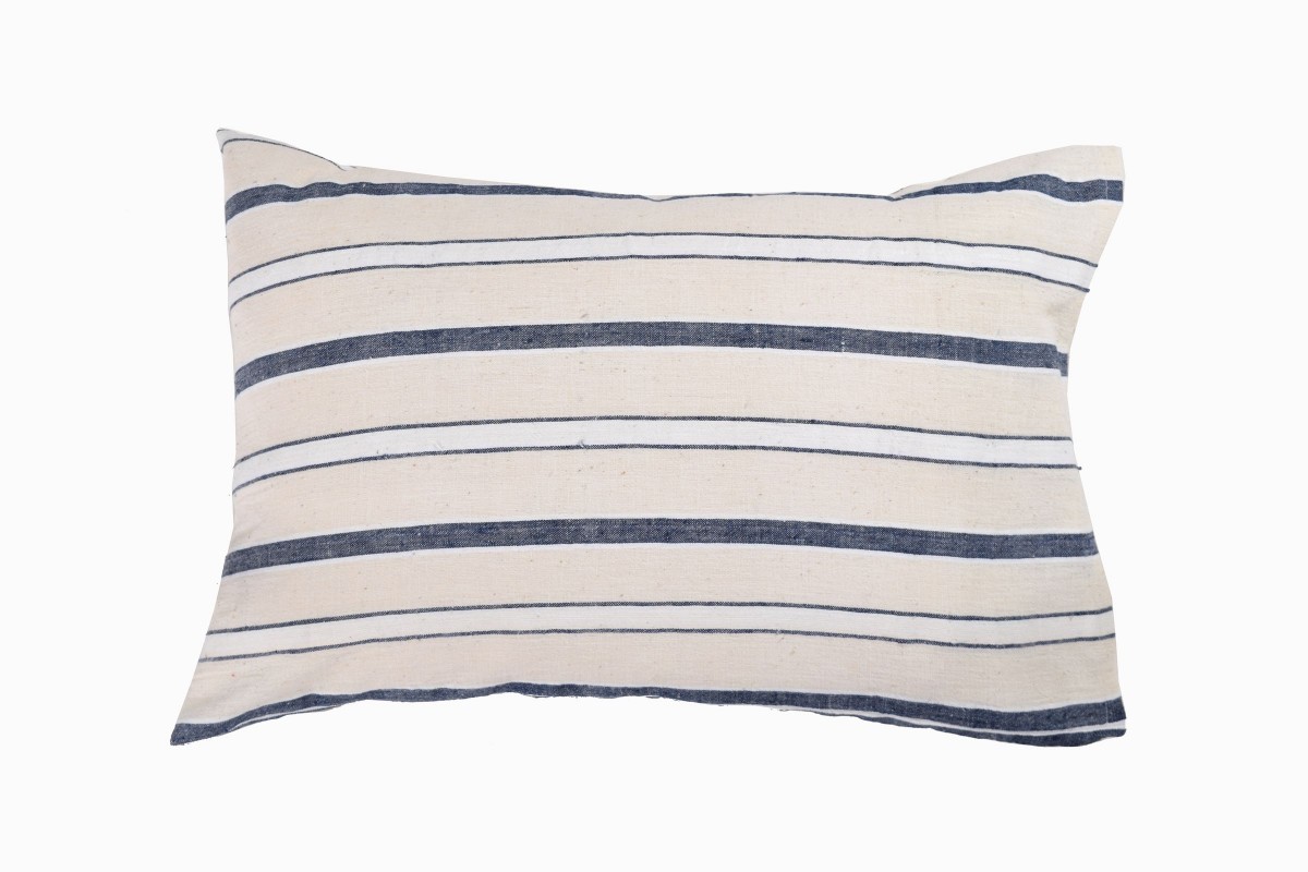 Turkish linen large rectangular indigo:cream cushion