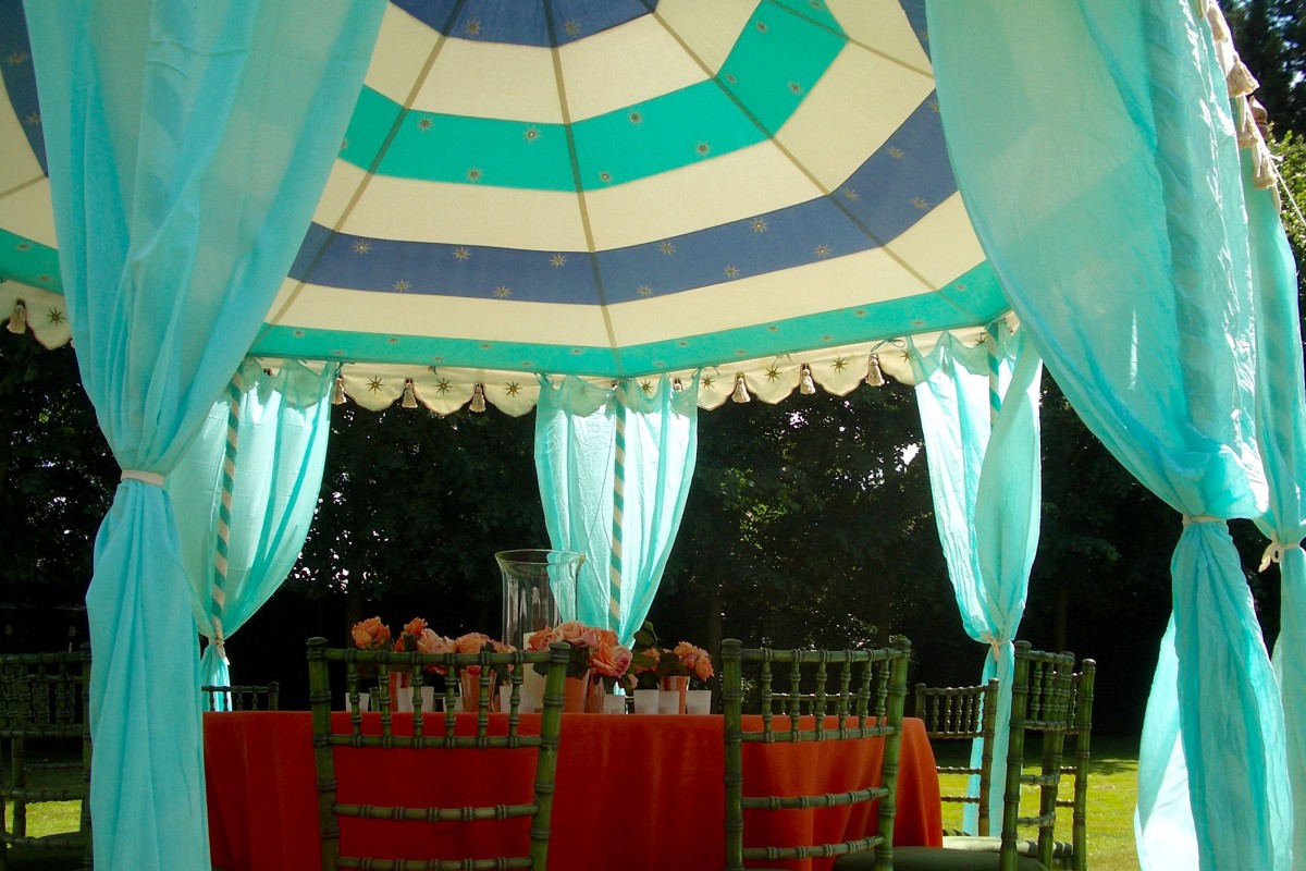 4m Pavilion with a cream, turquoise and celeste blue banded lining