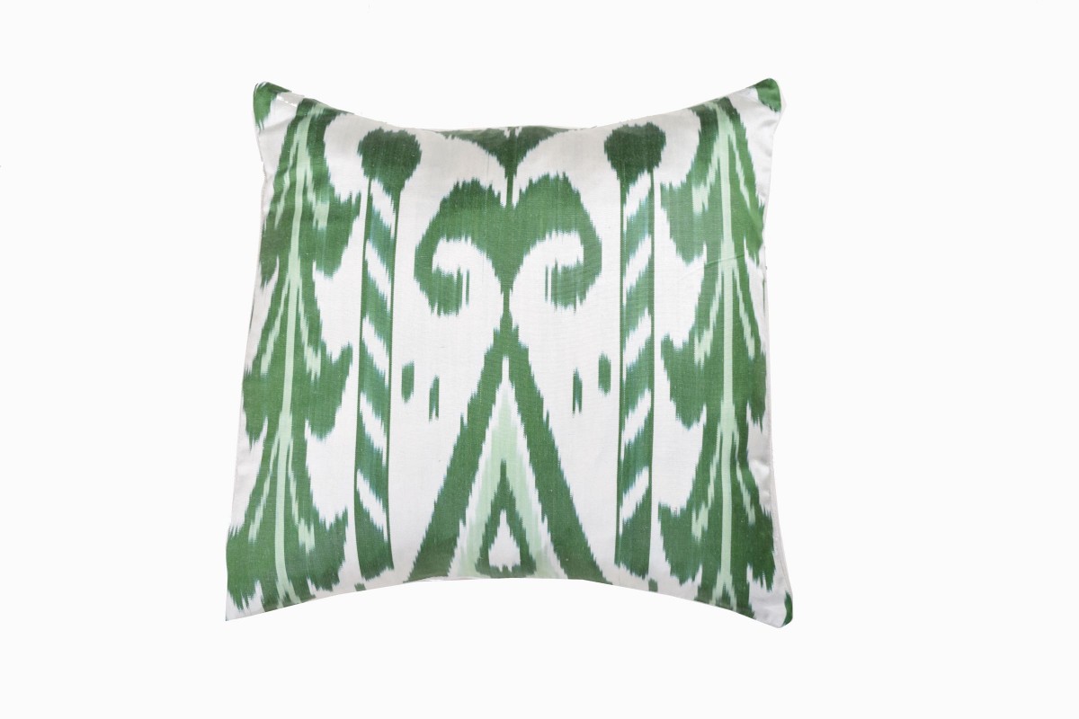 Silk Ikat green square cushions 