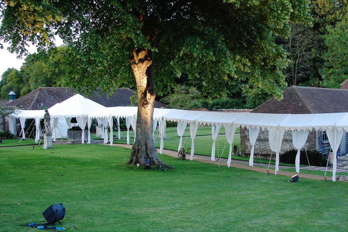 A long walkway in the evening