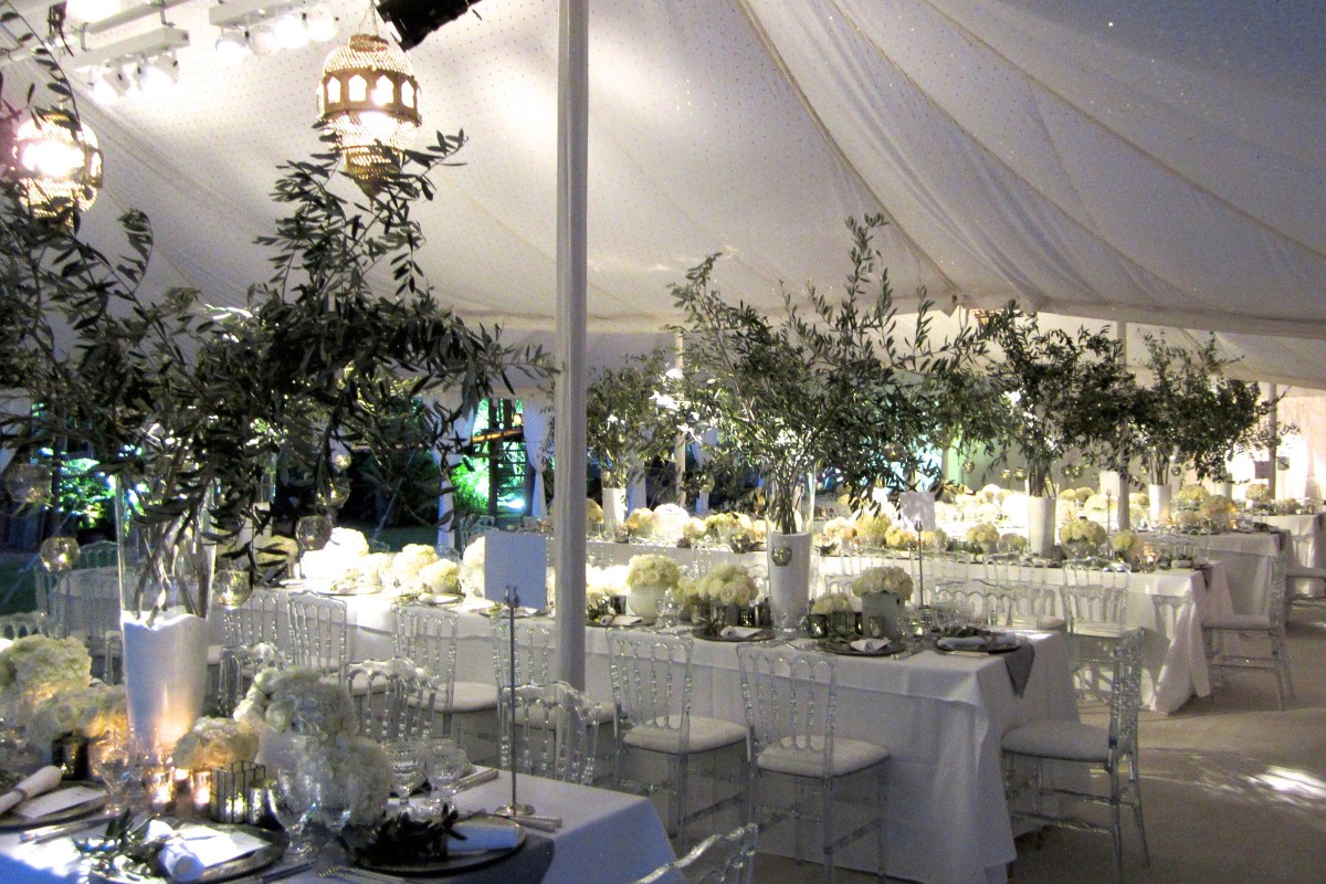 Triple Maharaja dining tent with white sequinned jalli ceiling