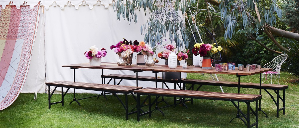wood & iron garden trestle table with benches