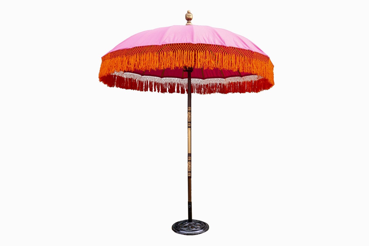 Balinese parasol, pink with orange fringes