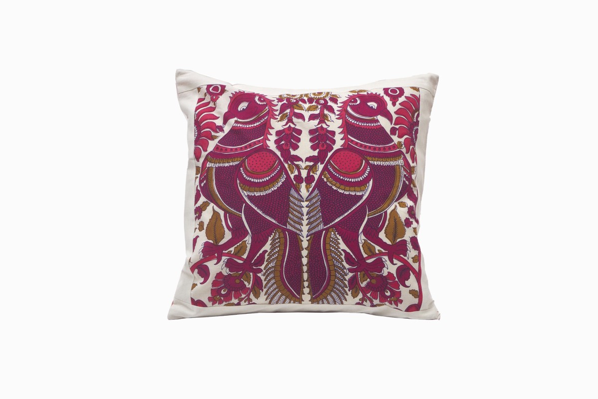 Square pink peacock cushion