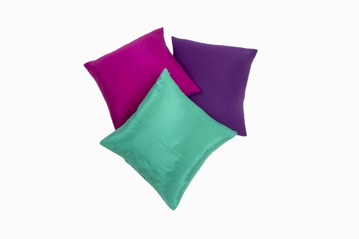 18 inch silk cushions, garnet, emerald and amethyst