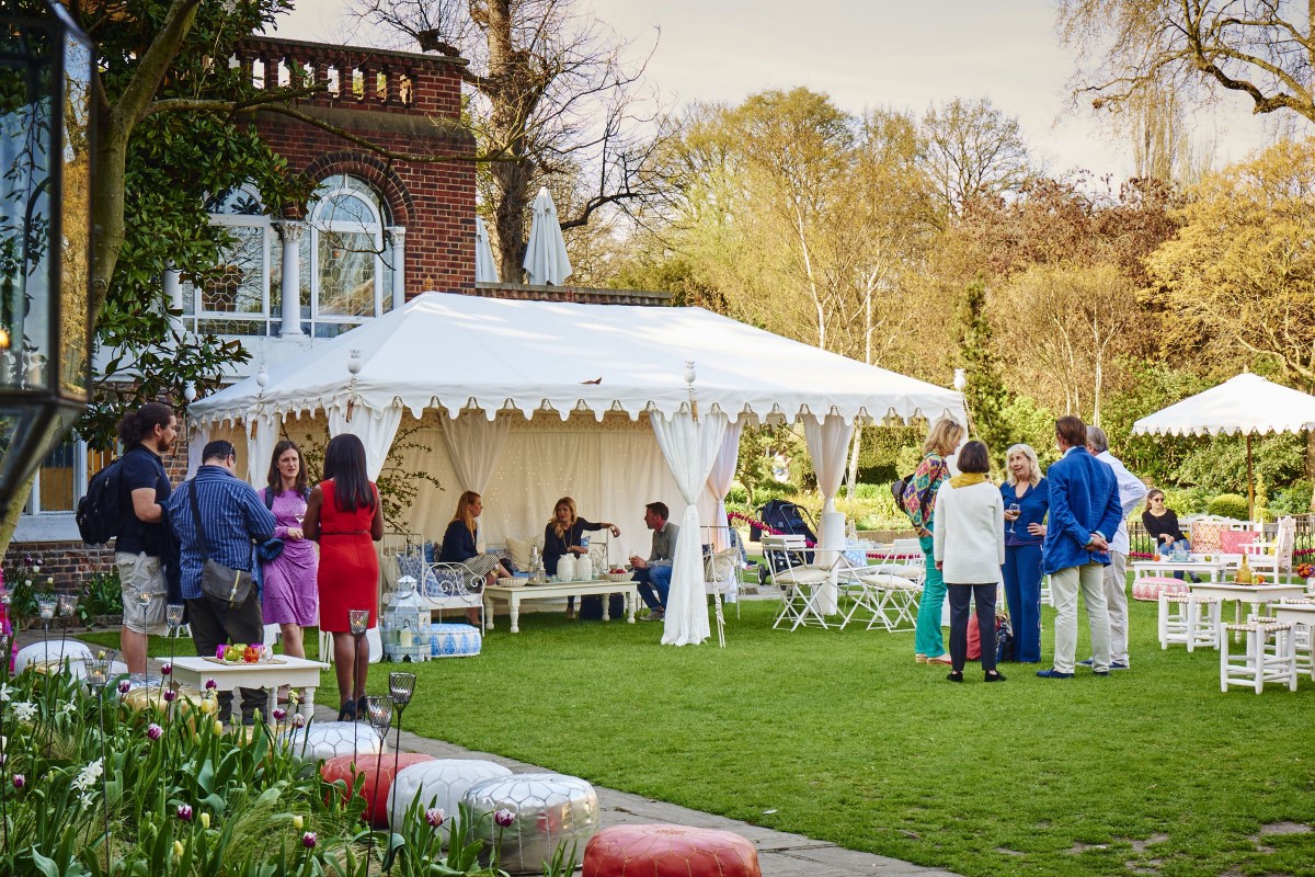 Metal frame Raj Tent with sequinned walls at the Raj Tent Club party, the Orangery Holland Park