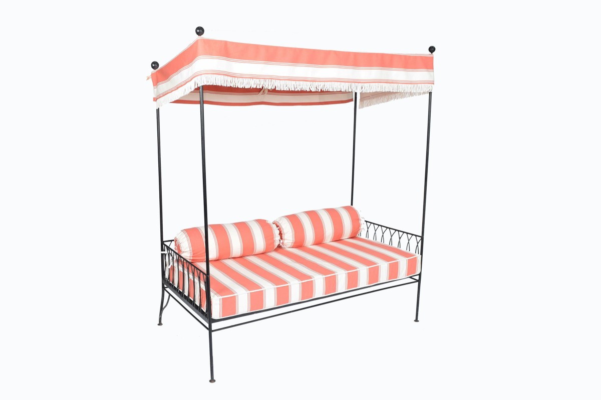 Palm Springs coral and cream stripe gunmetal daybed with canopy