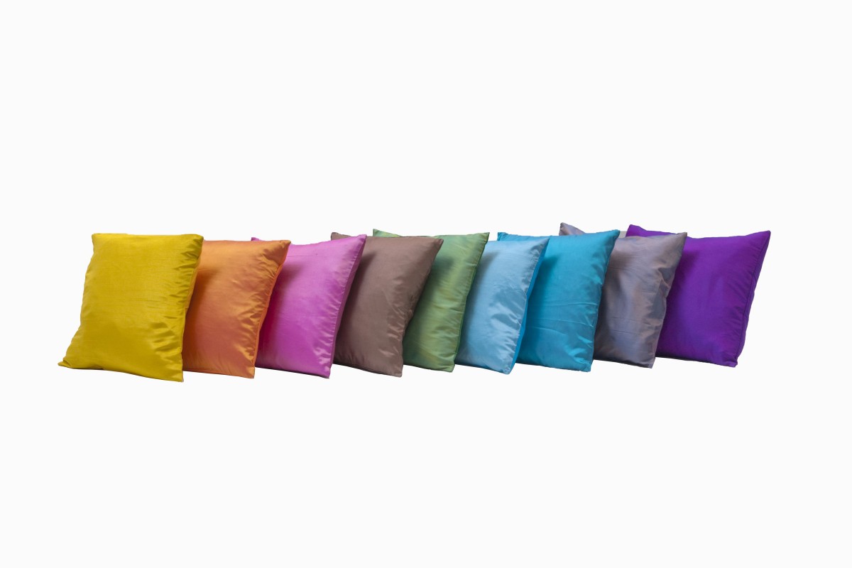 Selection of bright coloured silk 12 inch cushions