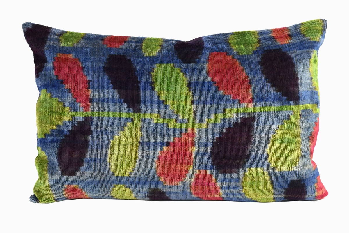 green, blue, brown patterned ikat silk velvet cushion