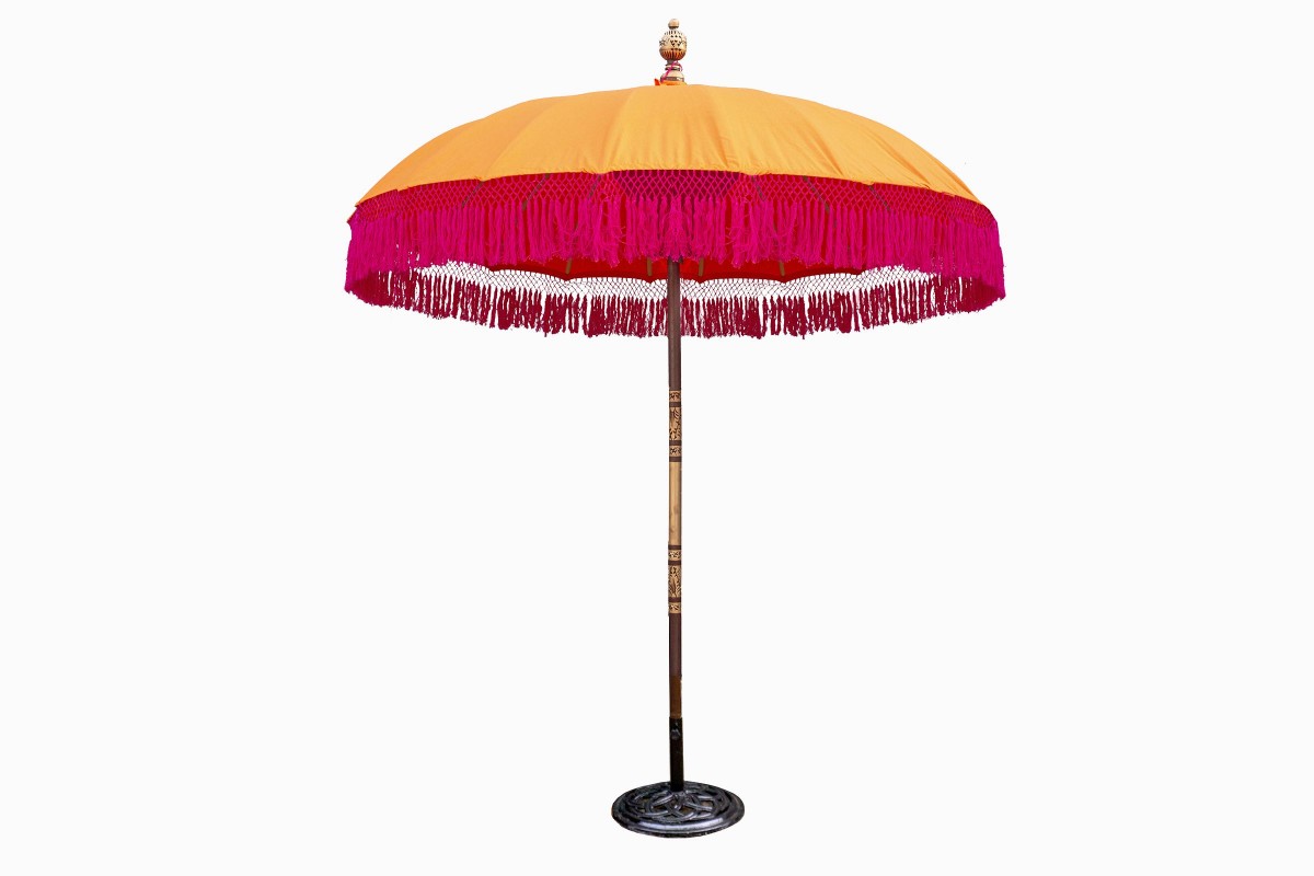 Balinese parasol, orange with pink fringes