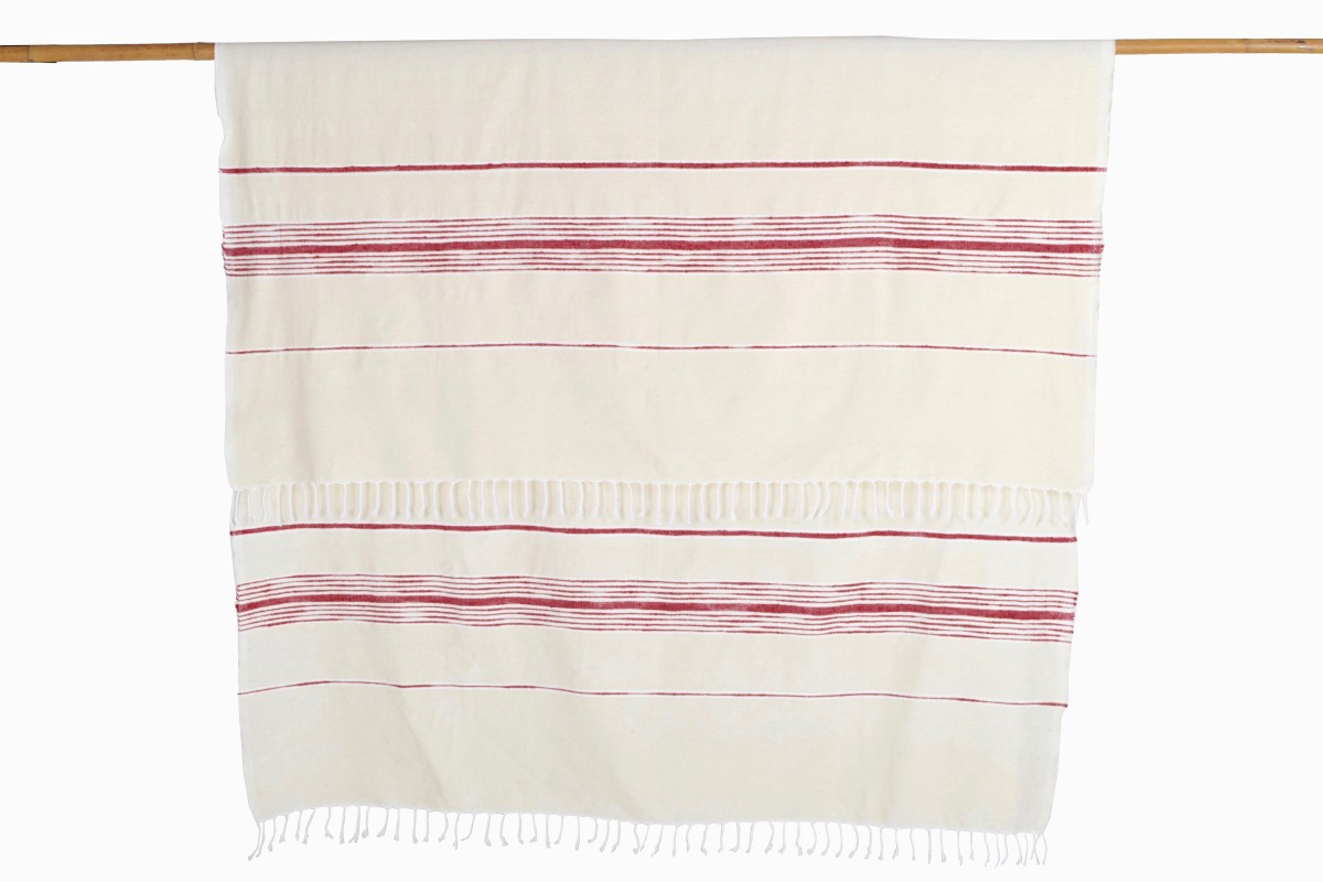 Moroccan red:cream wool strip bedcover