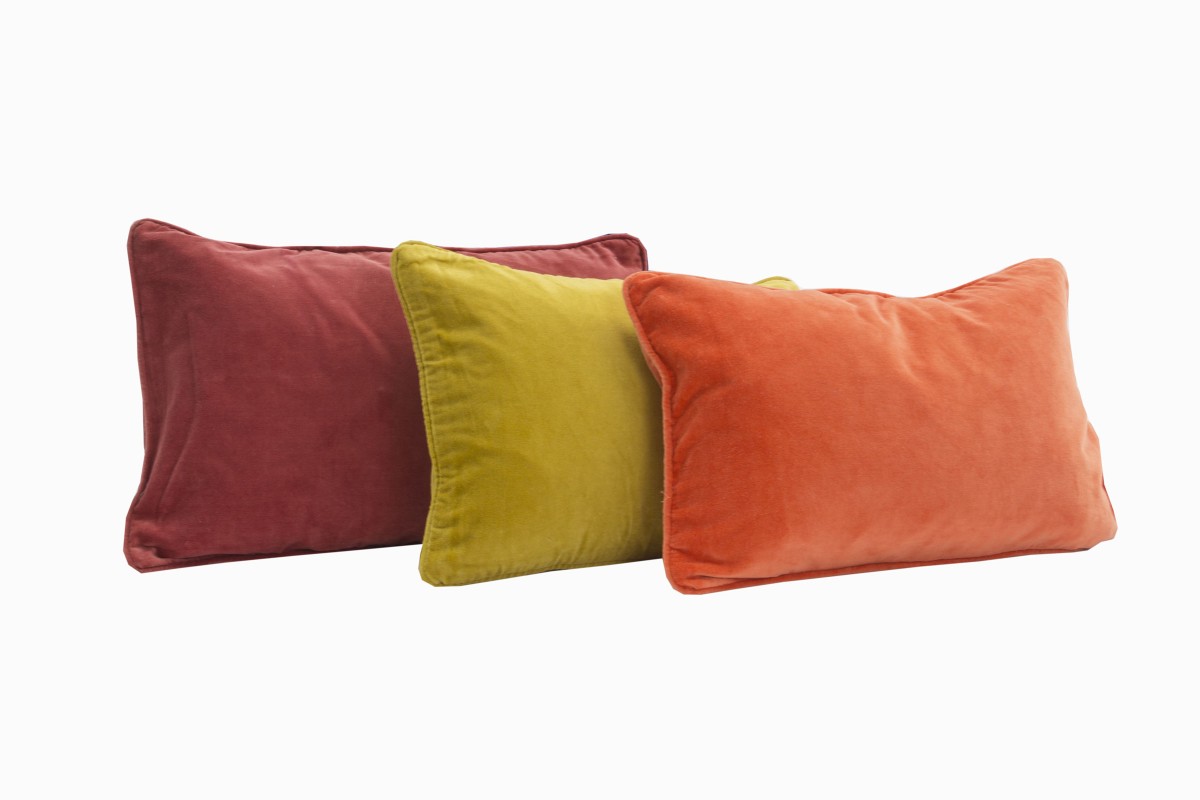 Velvet rectangular cushions, rust red, turmeric and soft orange