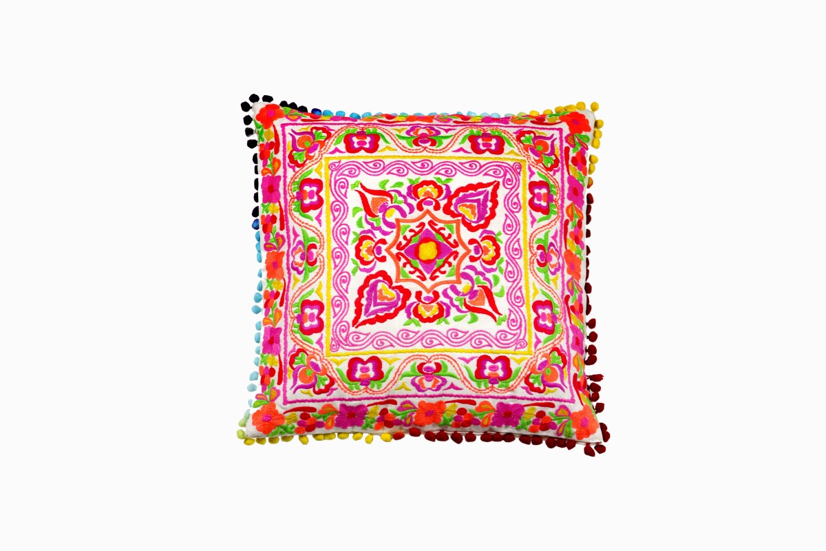 Square multicoloured pom pom cushion