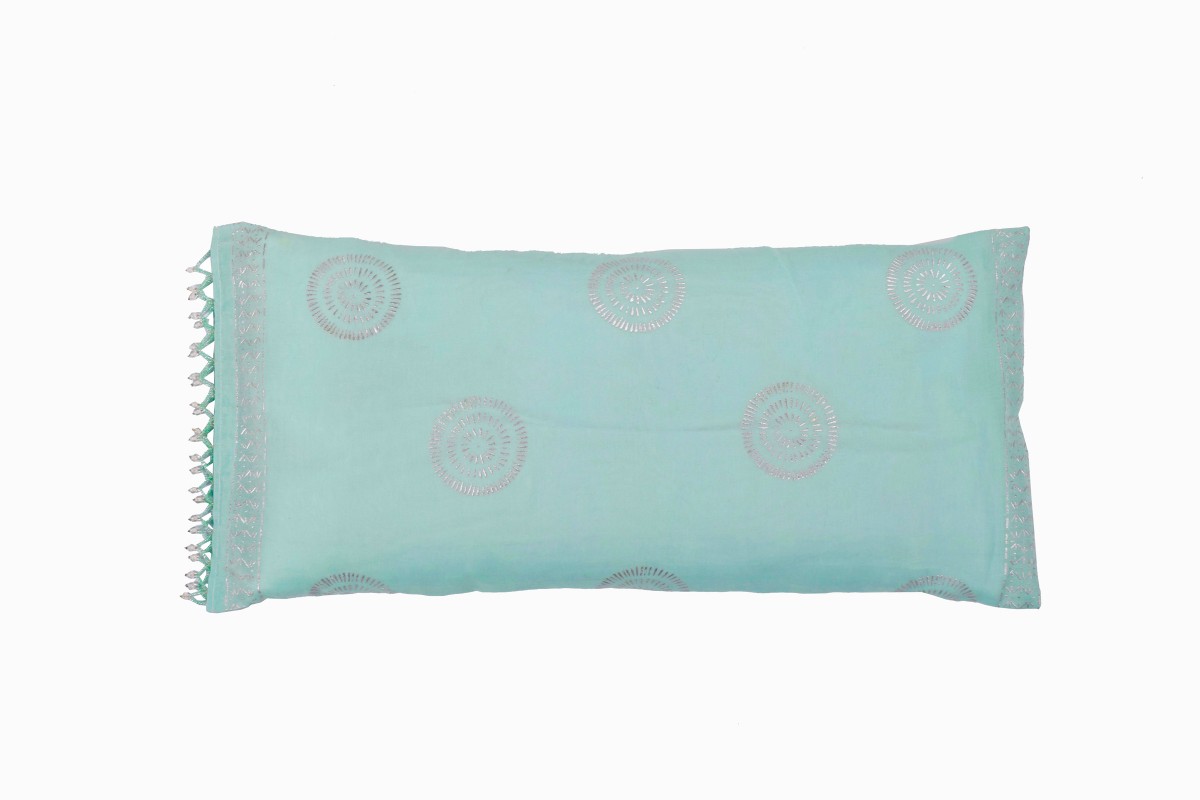 Aqua cushion with silver print and beads