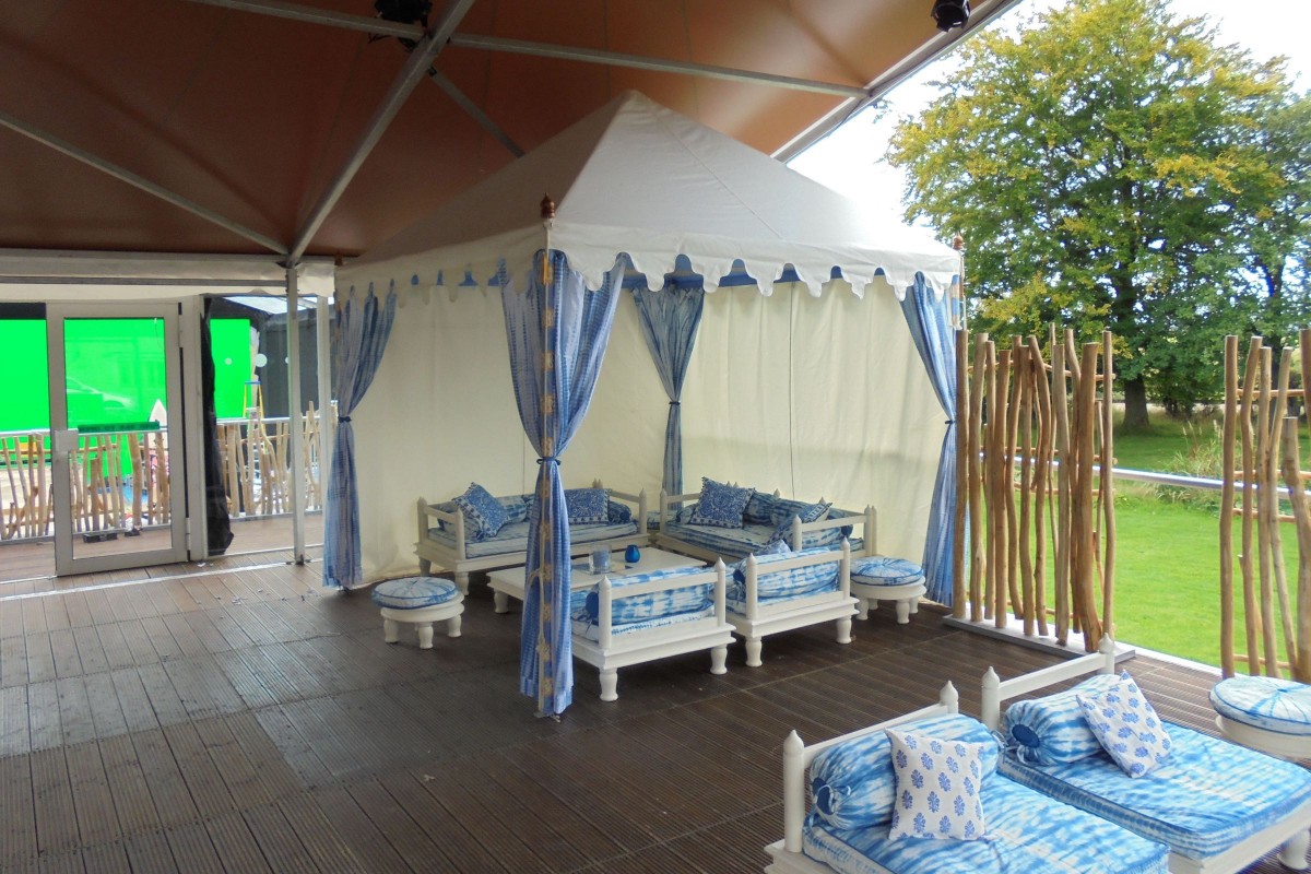 2.8m Pergola with blue tie and dye drapes