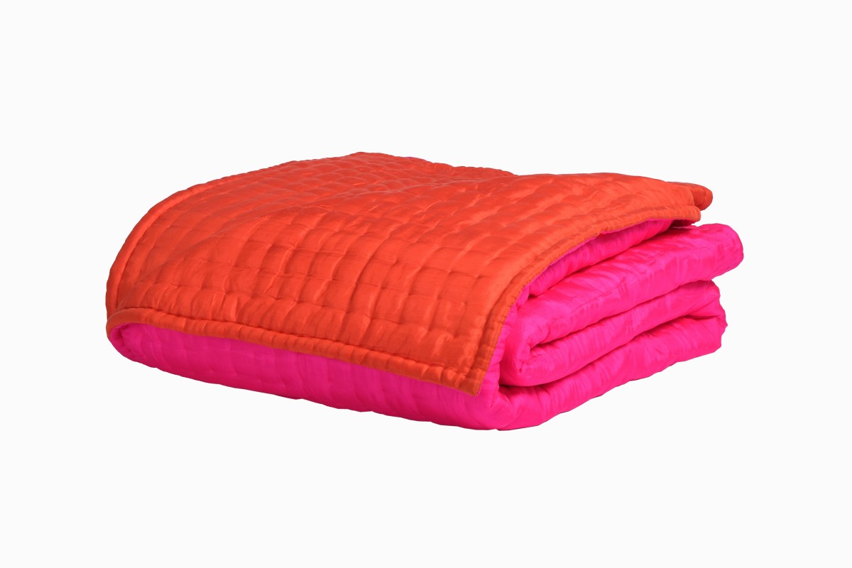 King size quilted silk bedspread hot pink  orange
