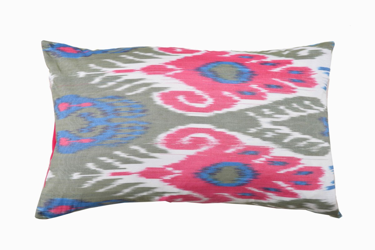uzbekistan rectangular pink, blue and taupe silk ikat cushion