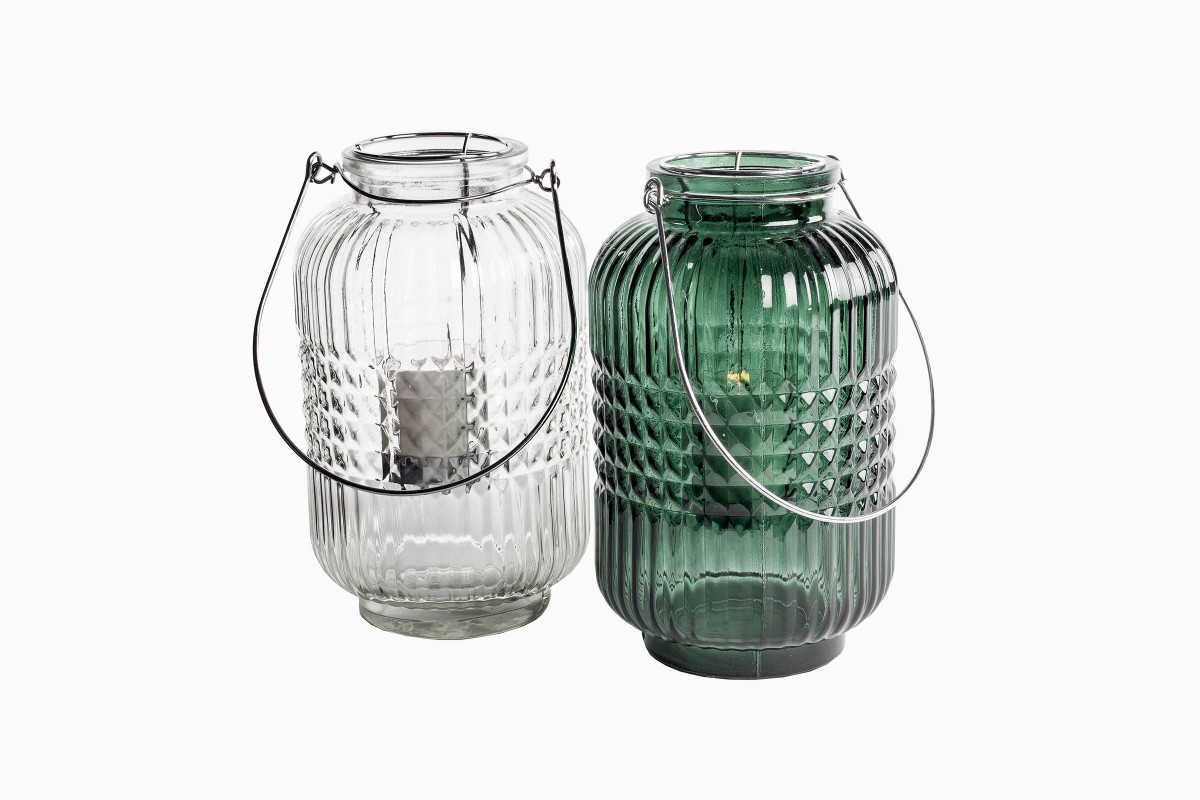 Swedish clear and green glass storm lanterns