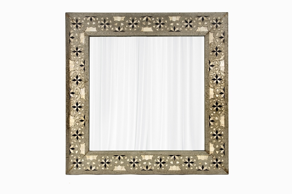 A mirror set in an old Indian metal work frame with bone inlay 