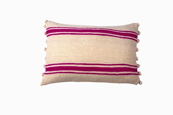 Berber wool pom pom cushion pink stripe 60cm x 40cm