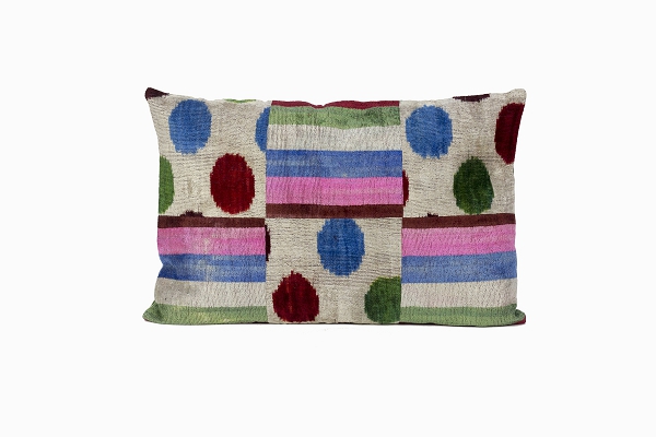 blue, pink, brown polka dot & lined patterned ikat silk velvet cushion