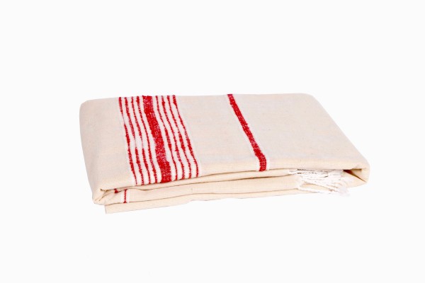 Moroccan red and cream stripe wool bedspread folded