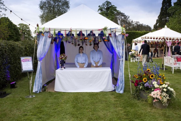 2.8m Pergola with tie and dye blue drapes at Hampton Court Palace