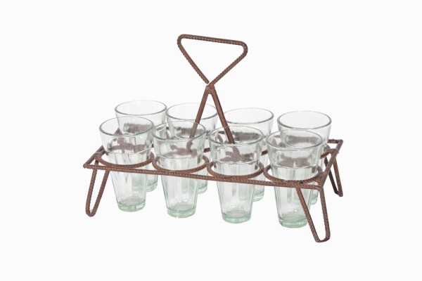 Rectangular chai holder with twisted metal frame, eight glasses