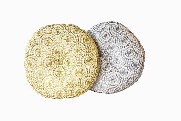 Gold and silver round embroidered cushions