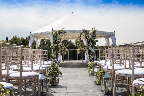 6m Pavilion pitched on the pier and used for a wedding at Amber Lakes