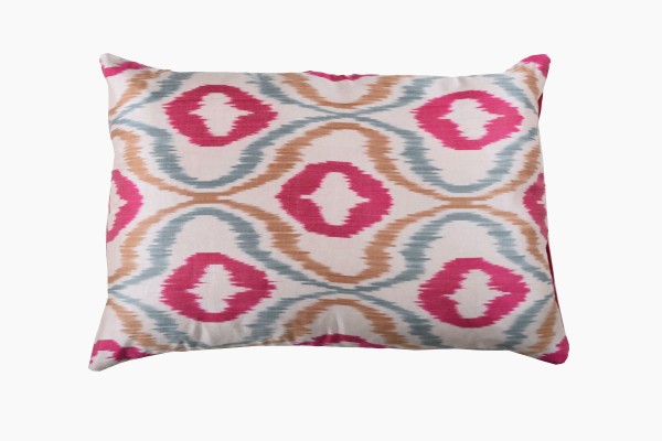 uzbekistan urectangular pink, blue and sand cotton ikat cushion