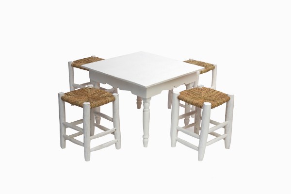 Moroccan white wood table with rustic stools