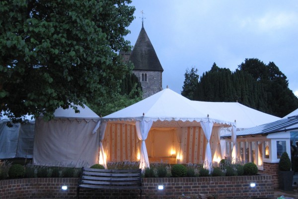 6m Pavilion at dusk with mushroom and cream banded walls