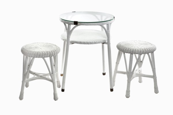 Wicker glass top table and stools