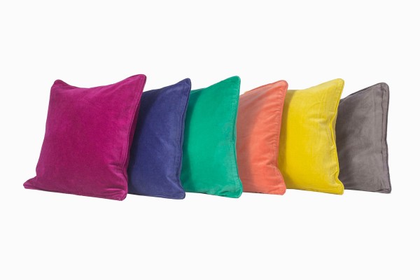 Velvet square cushions, fuschia, soft purple, emerald, soft orange, curry and soft grey