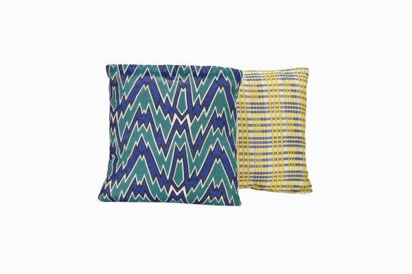 Double sided cushion, blue and green zig zag with yellow check reverse