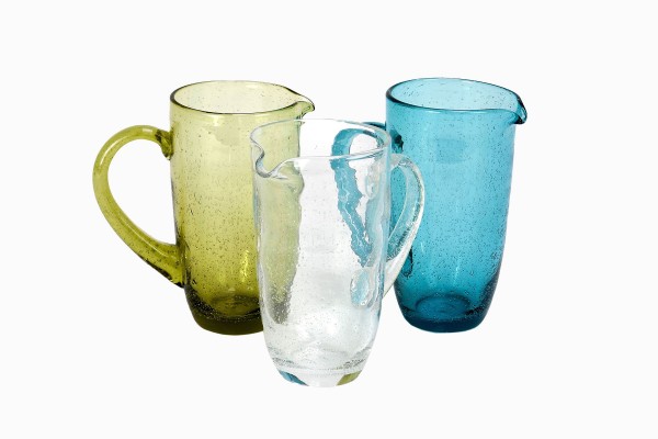 Green, blue and clear bubble glass jugs