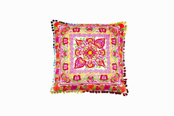 Square multicoloured pom pom cushion