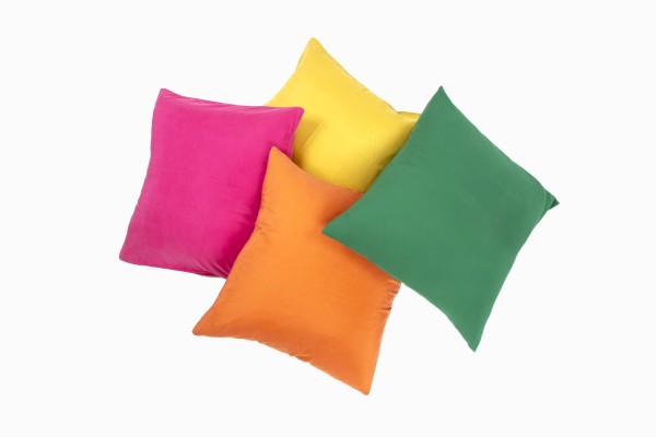 18 inch silk cushions, Cerise, orange, citrine and pine