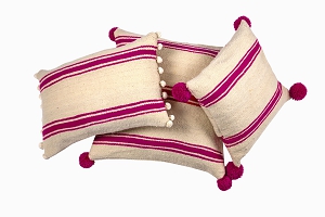 Berber wool pom pom cushions pink stripe 