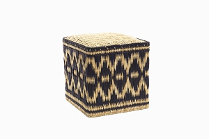Moroccan square straw pouffe, indigo and natural