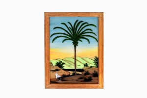 Indian glass painting of an artist and a palm tree large brown frame