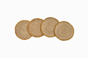 Circular raffia coasters yellow ochre edge