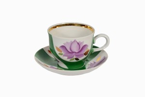 Uzbeki cup and saucer with pink flower decoration