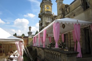 A double metal frame Raj Tent on the balcony at Cliveden