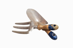 blue handled vintage garden fork & trowel set